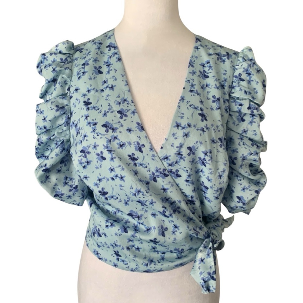 Revolve LPA Women’s Small Blue Floral Wrap Crop Top with Ruched Puff Sleeves